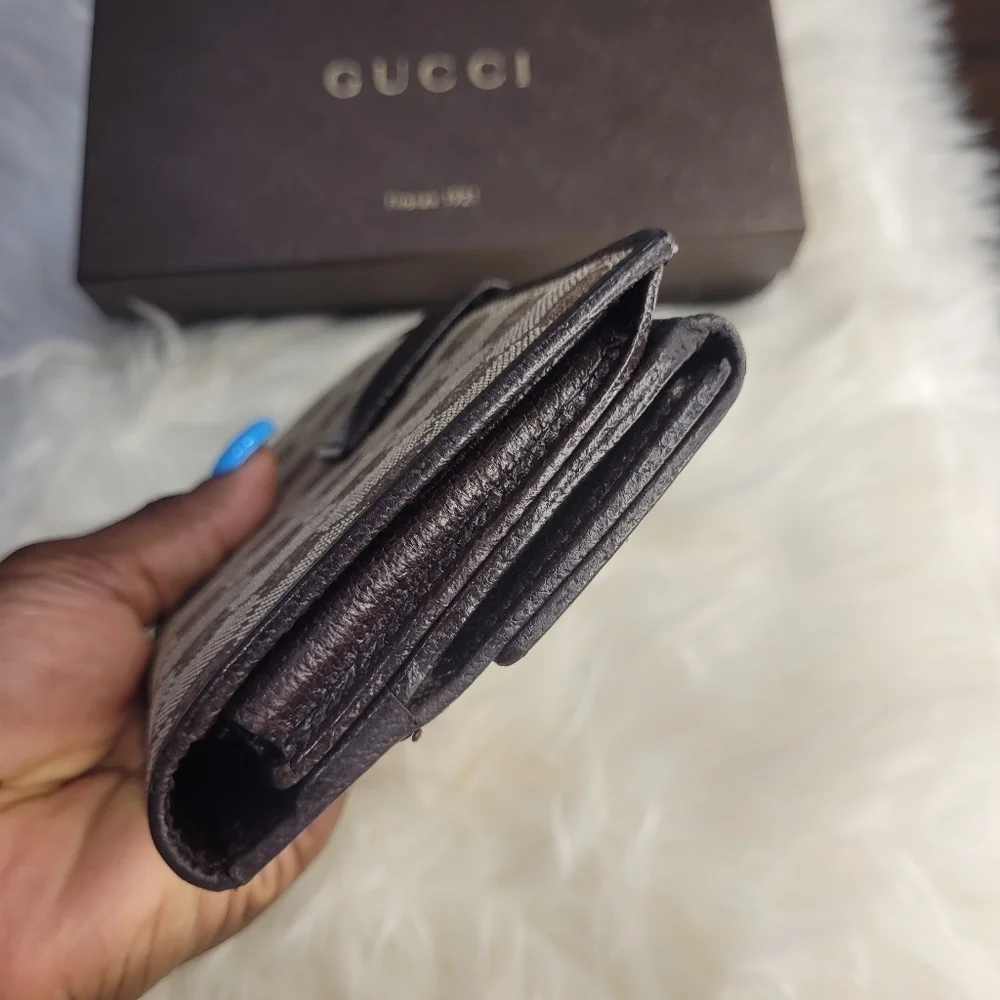 🤎🔹️Gucci 🔹️GG canvas logo plate long wallet beige brown leather - Picture 7 of 11